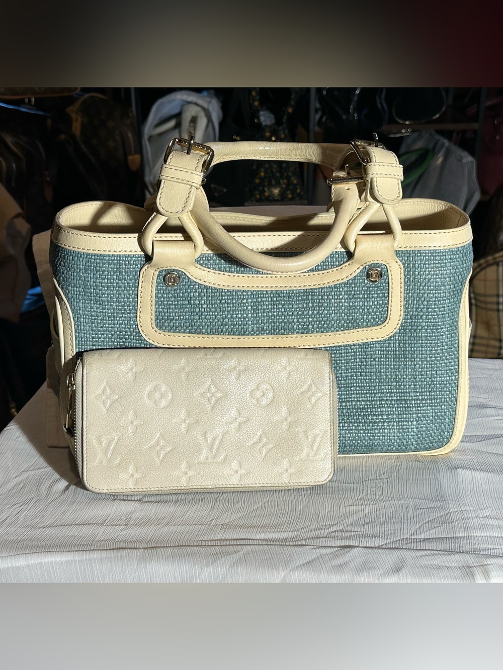 Celine Light Blue Woven Tote with Cream Leather Trim - Picture 12 of 12